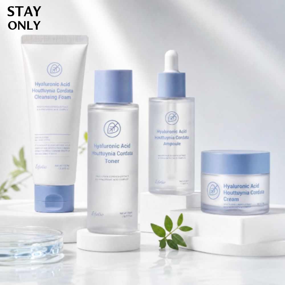 ESFOLIO Hyaluronic Acid & Houttuynia Cordata 4-Piece Basic Set – Cleansing Foam, Toner, Serum, Cream