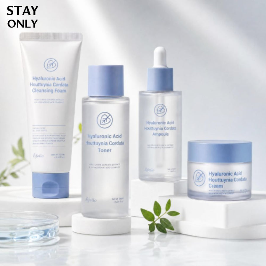 ESFOLIO Hyaluronic Acid & Houttuynia Cordata 4-Piece Basic Set – Cleansing Foam, Toner, Serum, Cream