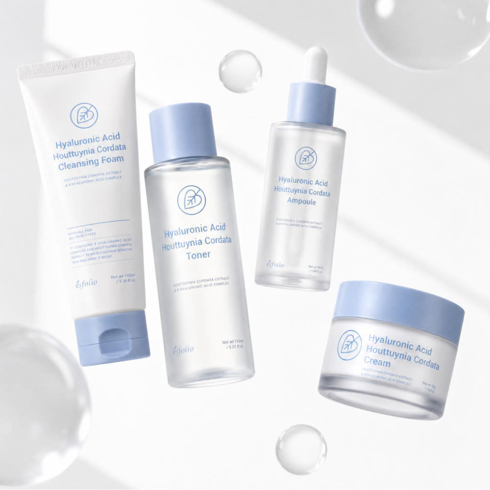 ESFOLIO Hyaluronic Acid & Houttuynia Cordata 4-Piece Basic Set – Cleansing Foam, Toner, Serum, Cream