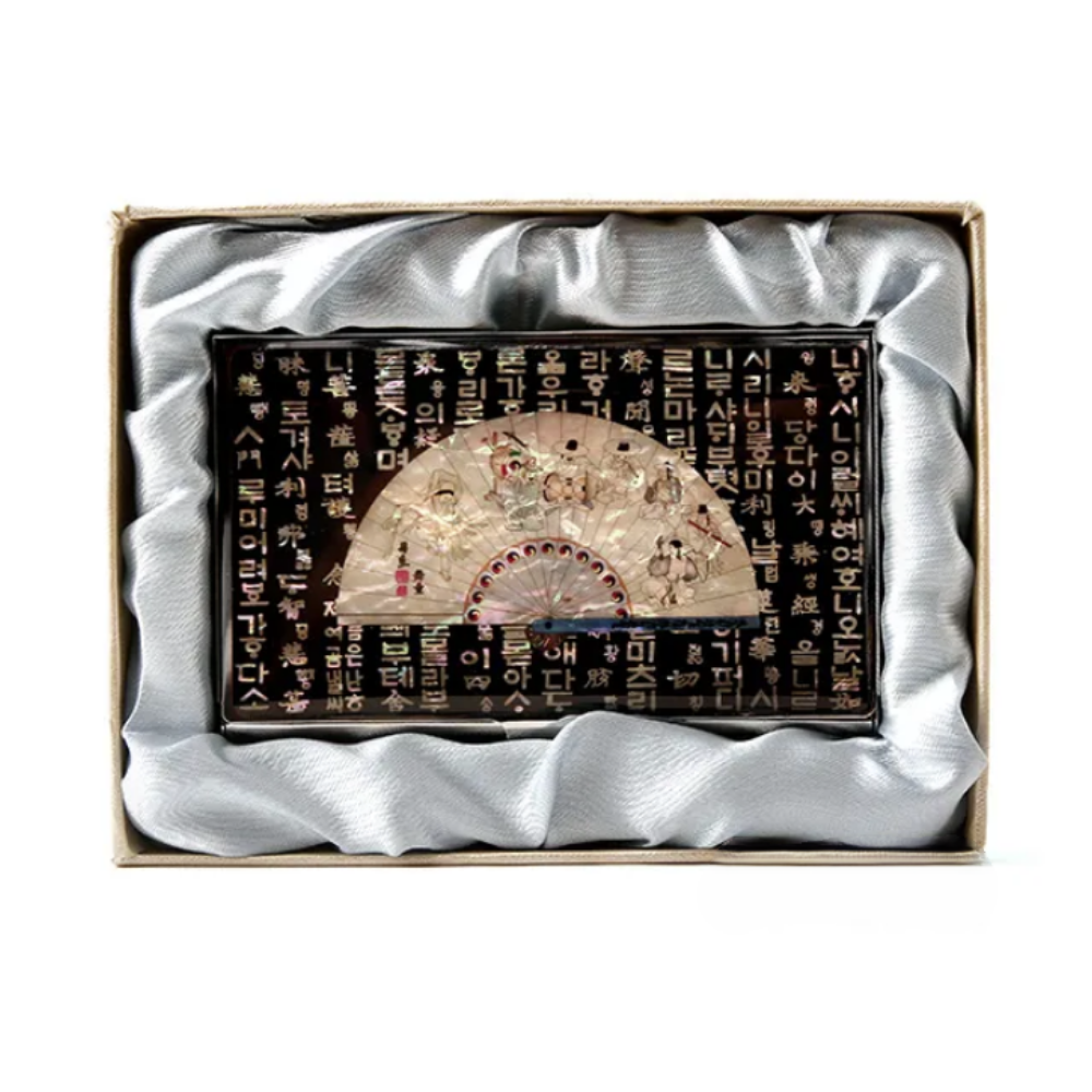 Korean Mother-of-Pearl Business Card Holder – Hunminjeongeum Hangeul & Fan Design, Stainless Steel