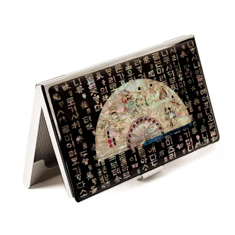 Korean Mother-of-Pearl Business Card Holder – Hunminjeongeum Hangeul & Fan Design, Stainless Steel