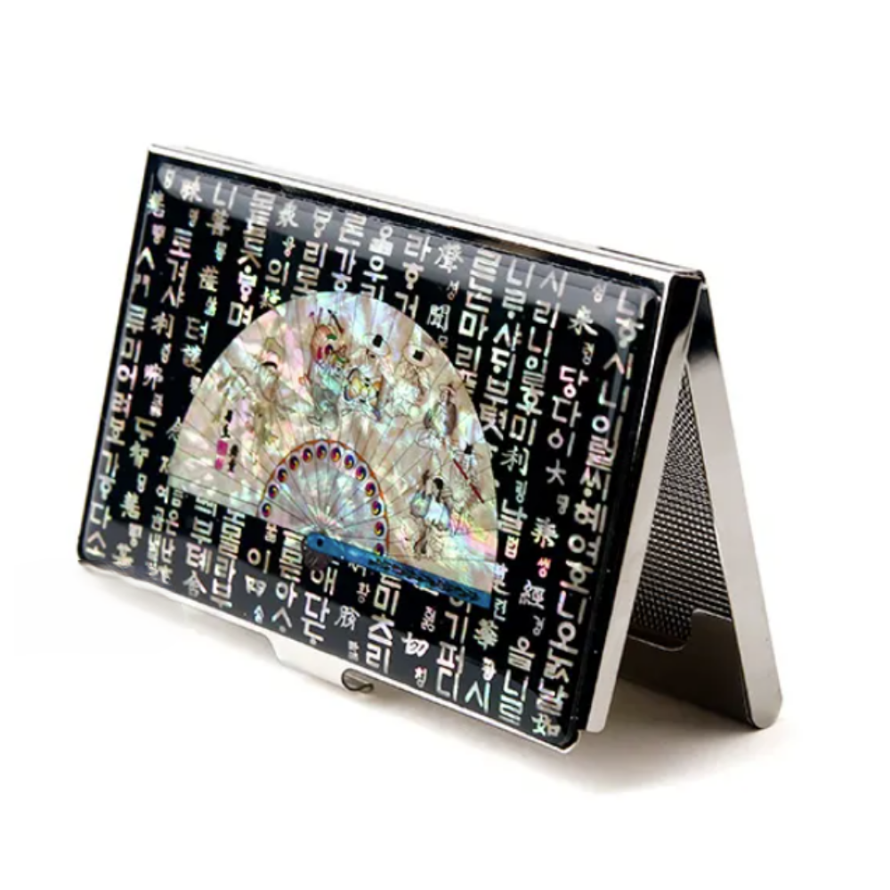 Korean Mother-of-Pearl Business Card Holder – Hunminjeongeum Hangeul & Fan Design, Stainless Steel