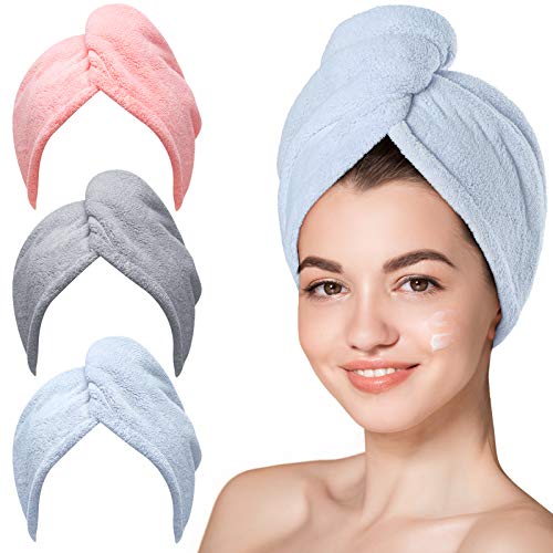 Hicober Microfiber Hair Towel Wrap for Women, Blue Grey Pink, 3-Pack